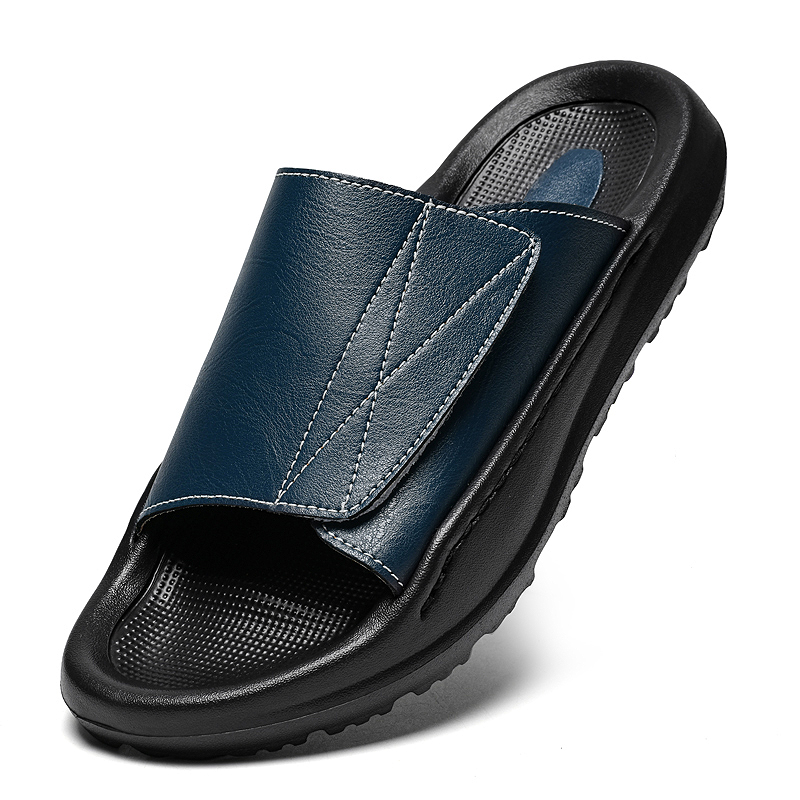 Men Shoes Velcro - Skórzane klapki męskie Easy-top, regulowane, otwarte,